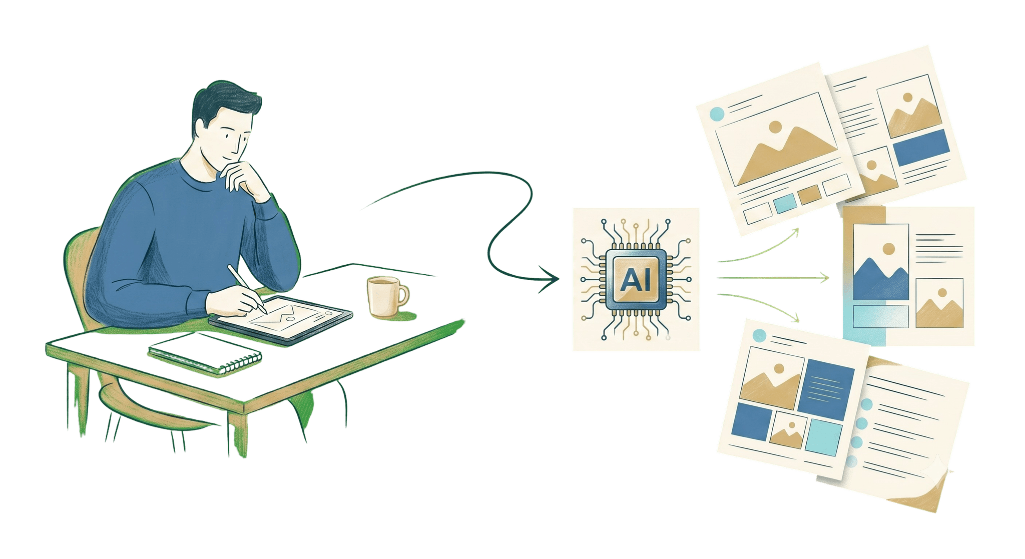 Split-frame illustration: designer sketching a template on the left, template multiplying into branded post variants flowing rightward on the right. Warm, hand-drawn sketch style.