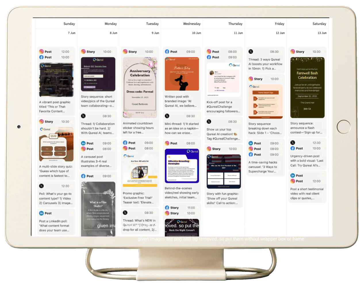 Populated monthly content calendar grid planner